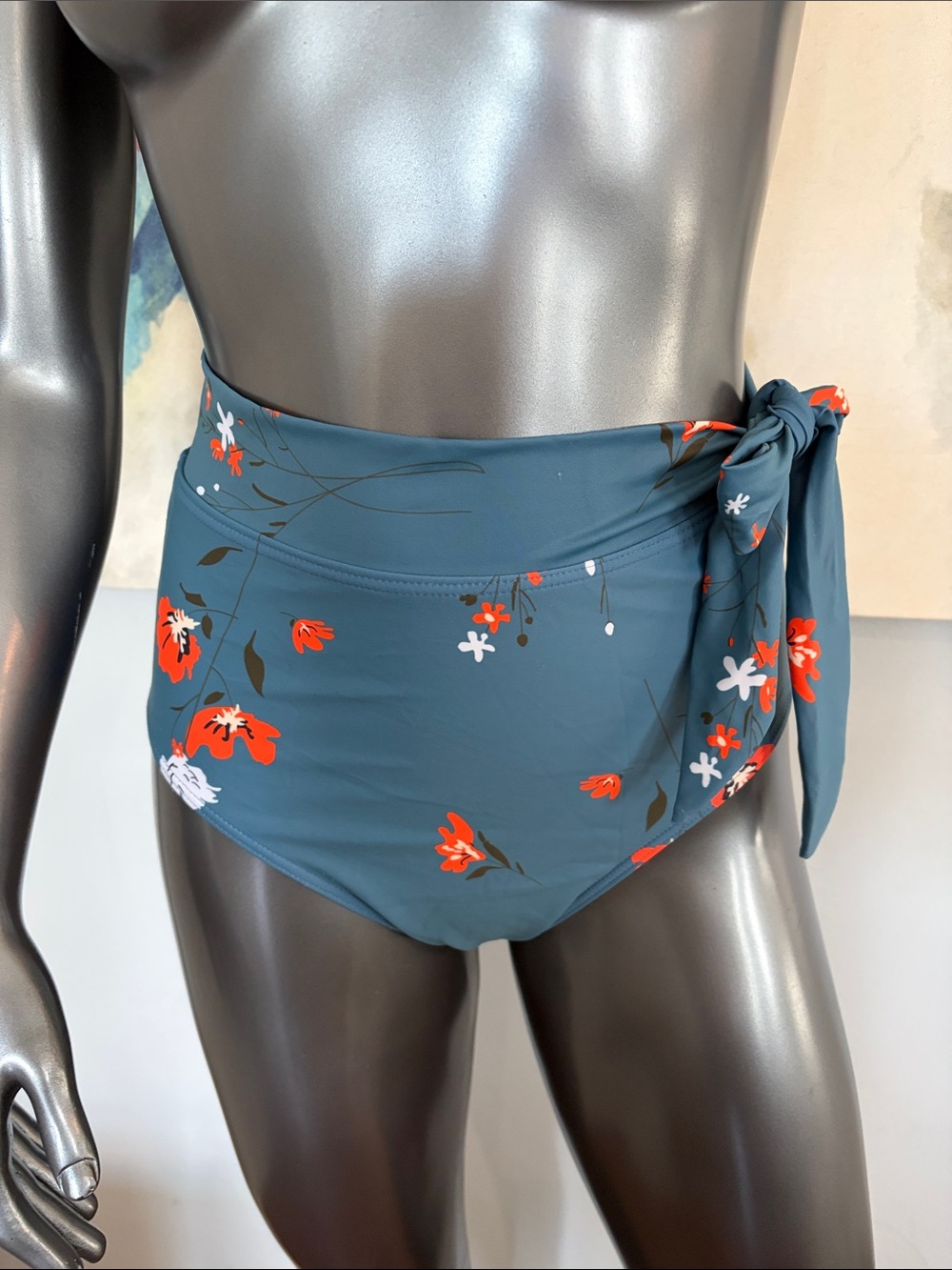 NWOT High-Waist Floral Tie-Side Bikini Bottoms - Teal w/ Orange & White Flowers